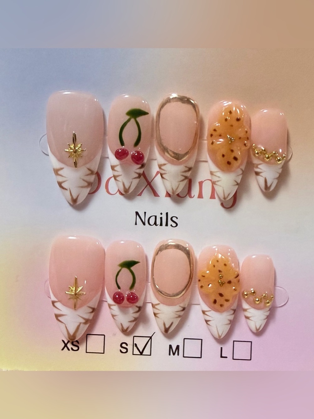 Nude Pink Press-On Nail Set with Gold Accents & Cherry Art